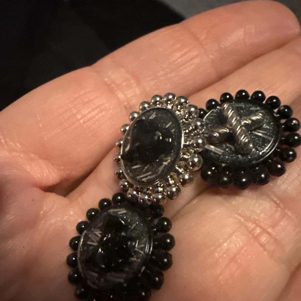 Vintage Incredible Rare GlassPainted Shank Buttons-Heart,Bow&Cross-Black/Silver